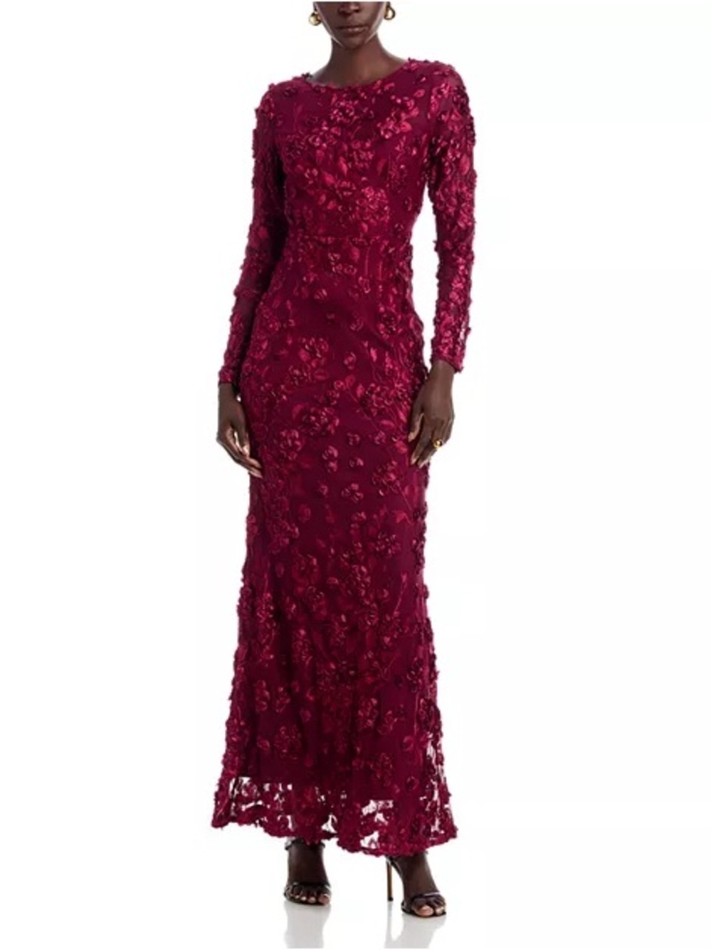 Burgundy 3D Floral Lace Long Sleeve Evening Gown - Picture 3 of 3